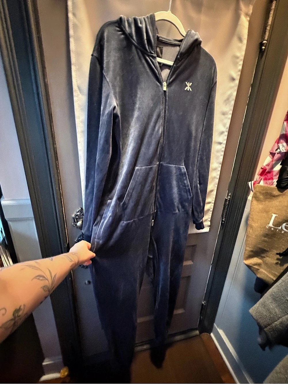 Onepiece Original Velvet Jumpsuit Hooded Zip Front Blue